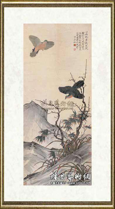 于非闇_竹石双鸠图