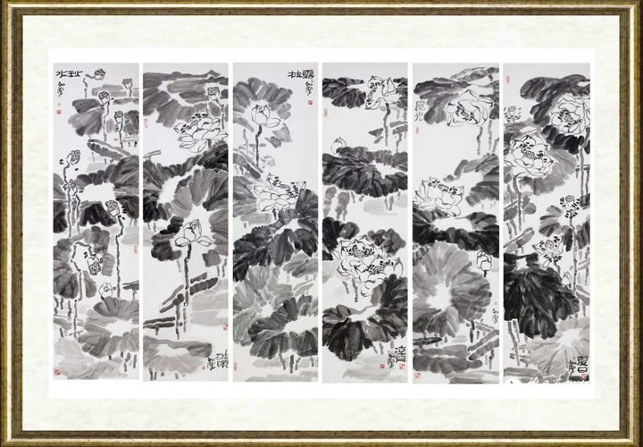 梁如洁_荷花六屏-秋水、破晓、披露、凉月,晨光、夏日