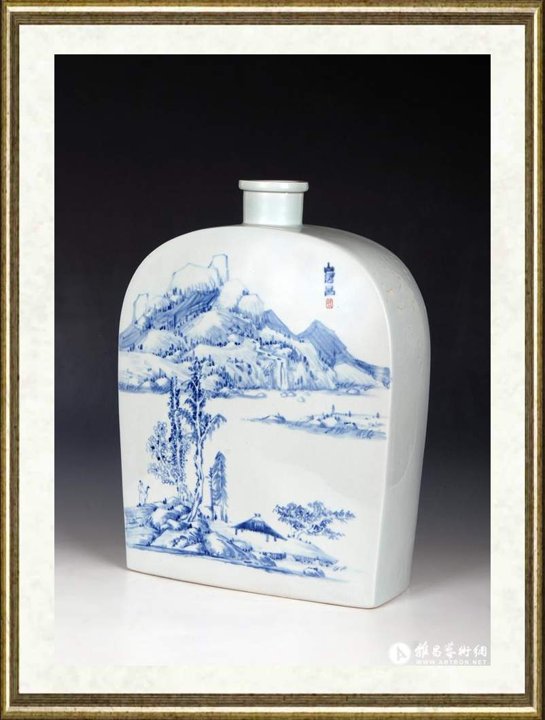 吴锦川_青花扁壶-山水
