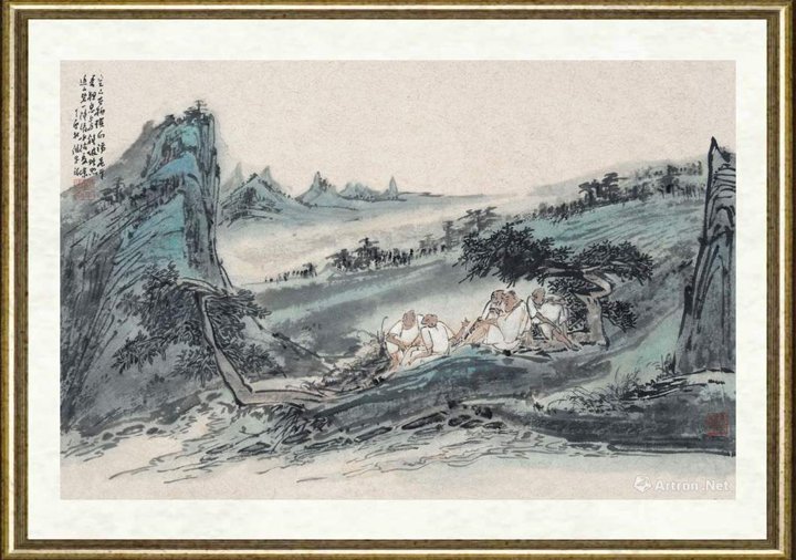 顾平_空山古柏横向阳，老干苍粗息上方，斜坡映照远山碧，一阵清水消夏凉。