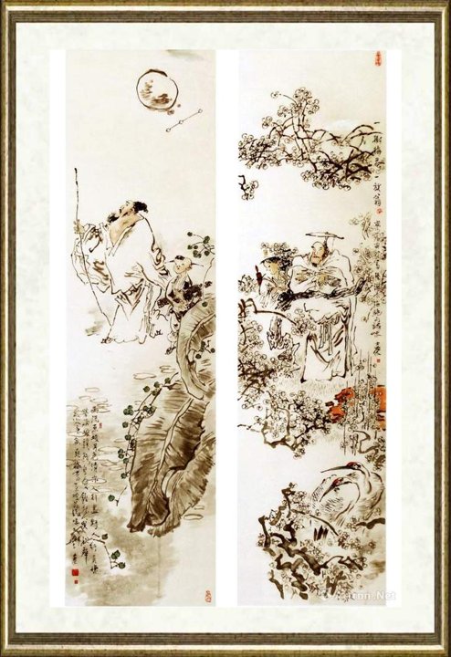 吕士荣_贤哲四条屏（之三“东坡月色”之四“放翁咏梅”）