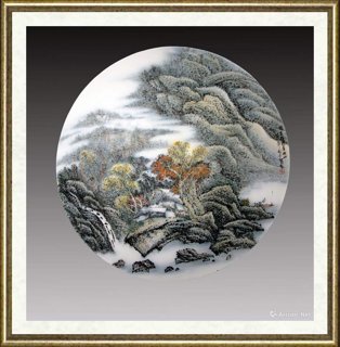周益军_独坐船头看秋山釉下五彩圆瓷板
